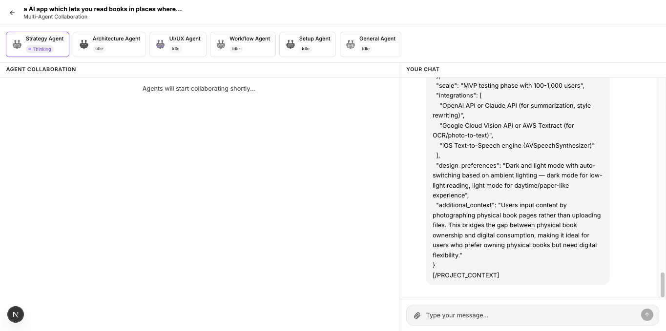 Multi-agent collaboration room with split-panel chat view